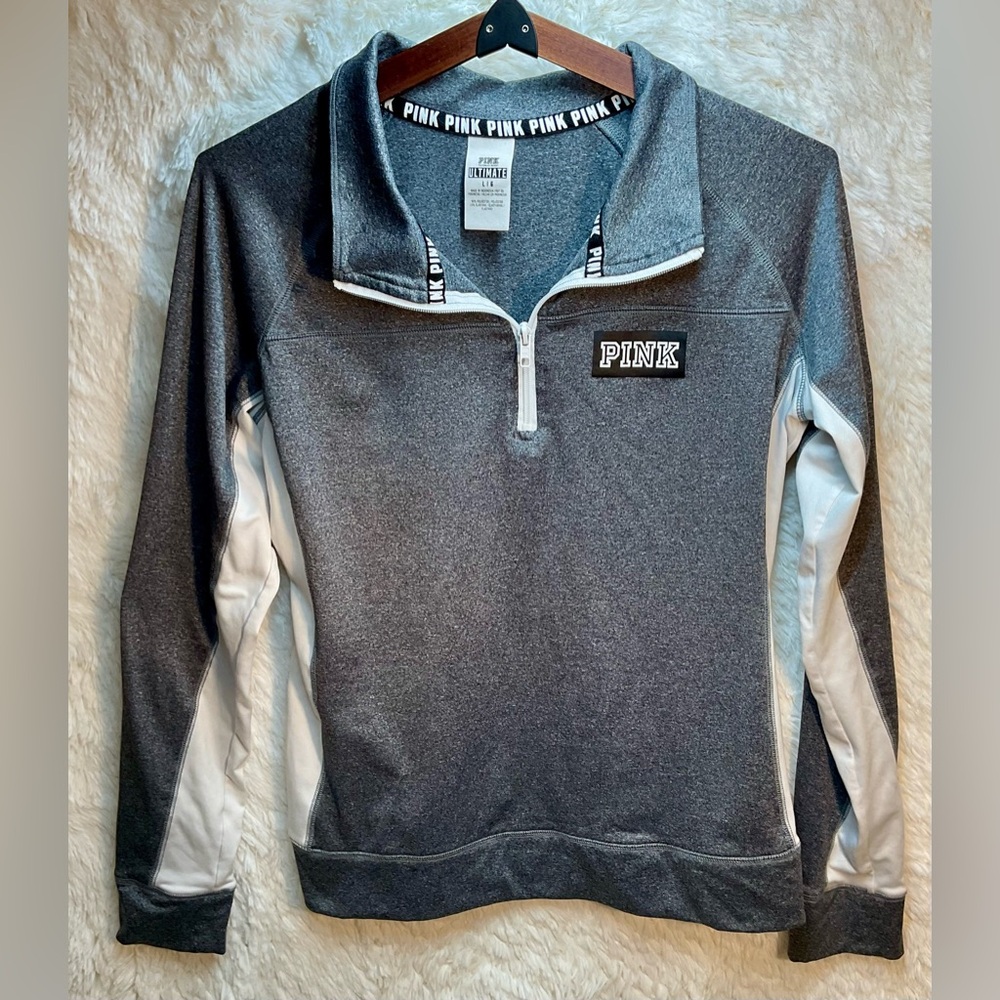 Victoria's Secret PINK Ultimate Quarter-Zip Grey/White Pullover Sz Large